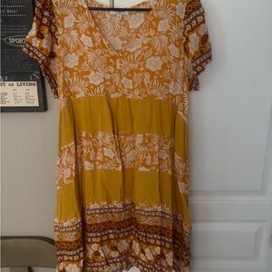 Umgee Mustard Yellow & White Boho V-Neck Mini Dress